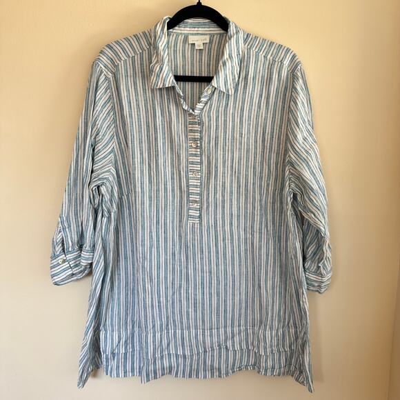 J. Jill Love Linen Popover Top Striped White Blue Button Front 3/4 Sleeve Sz 2X - Picture 1 of 5